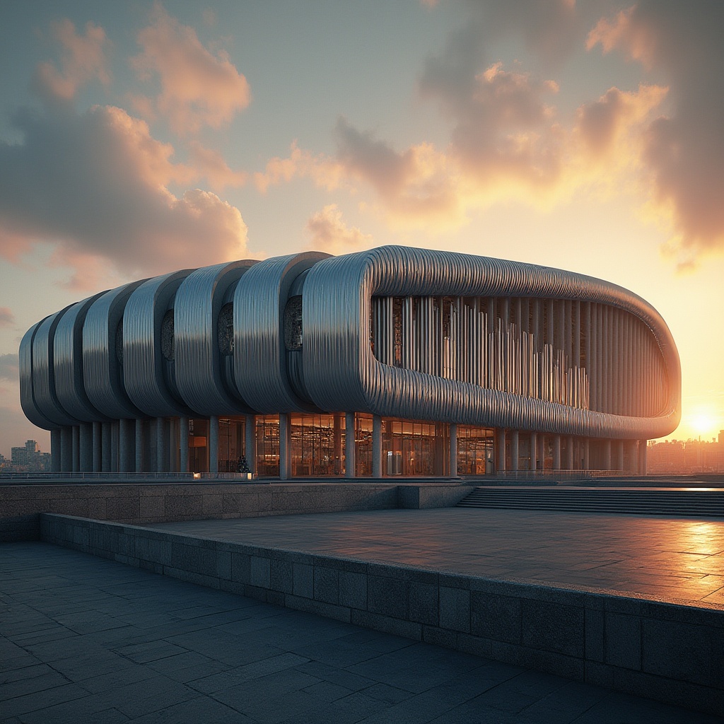 Prompt: Modern stadium design, corrugated iron, industrial material, metallic texture, curved structure, arched roof, angular columns, urban landscape, cityscape, sunset time, warm ambient lighting, panoramic view, 3/4 composition, dramatic shadows, bold architectural lines.