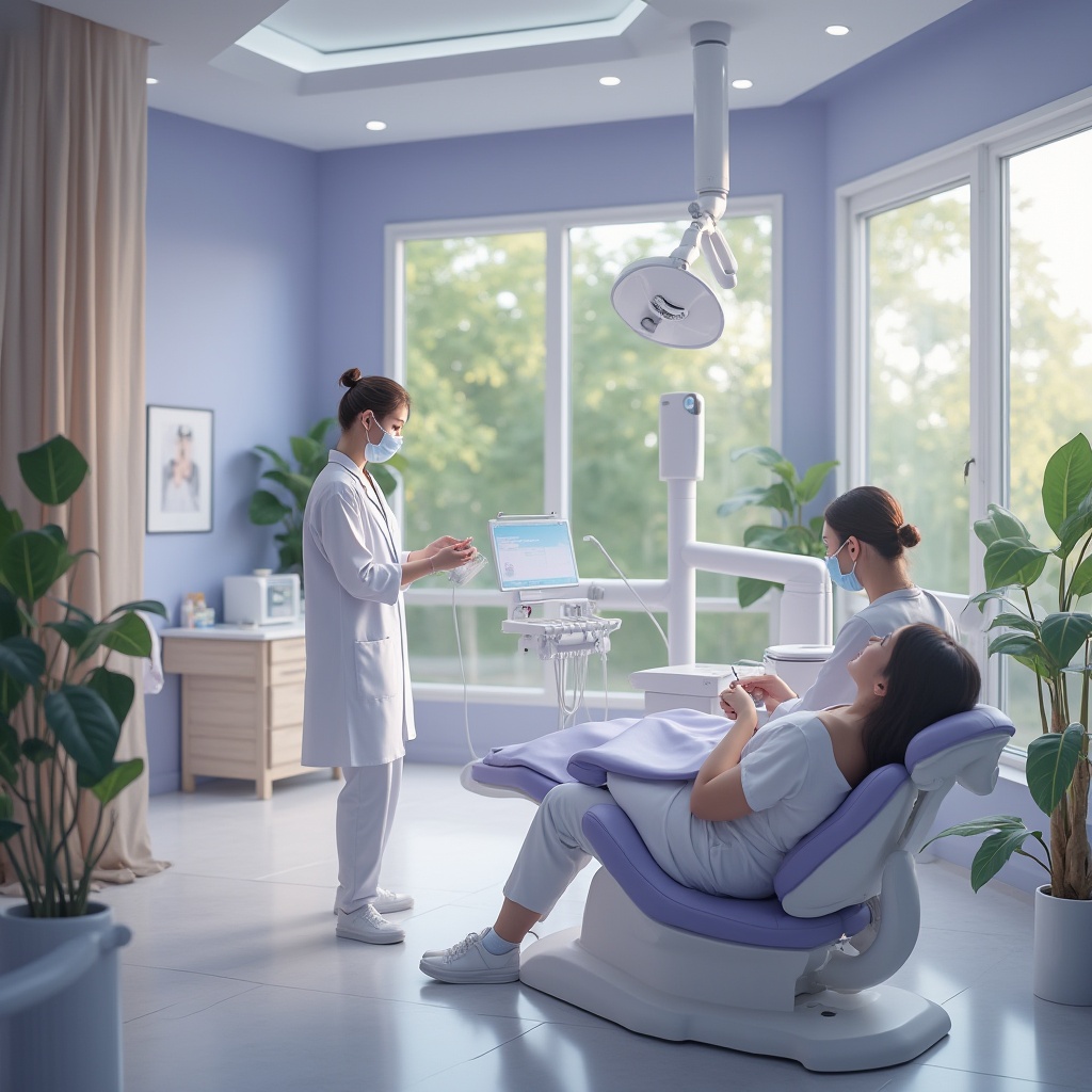 Prompt: calm dental space, lavender blue walls, soft gentle lighting, minimalist furniture, sleek modern equipment, dentist in white coat, stethoscope around neck, friendly smile, patients relaxing, gentle hands, warm atmosphere, plants with soft green leaves, natural wood accents, floor-to-ceiling windows, outdoor garden view, subtle scents, ambient noise reduction, 3/4 composition, shallow depth of field.