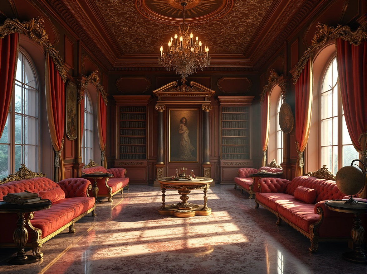 Prompt: Renaissance-style interior, ornate furniture, luxurious velvet fabrics, golden accents, intricate carvings, grand chandelier, marble flooring, high ceilings, large windows, dramatic curtains, rich wood paneling, cozy reading nook, vintage globe, leather-bound books, ornate mirrors, soft warm lighting, 3/4 composition, shallow depth of field.