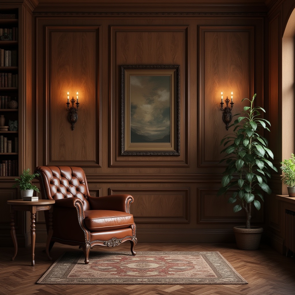 Prompt: Brown color, earthy tone, natural material, wooden texture, warm ambiance, cozy atmosphere, vintage design, rustic style, retro aesthetic, old bookshelf, leather armchair, classic decorative frame, antique furniture, soft lighting, warm spotlight, 3/4 composition, shallow depth of field, realistic rendering, high-quality image.