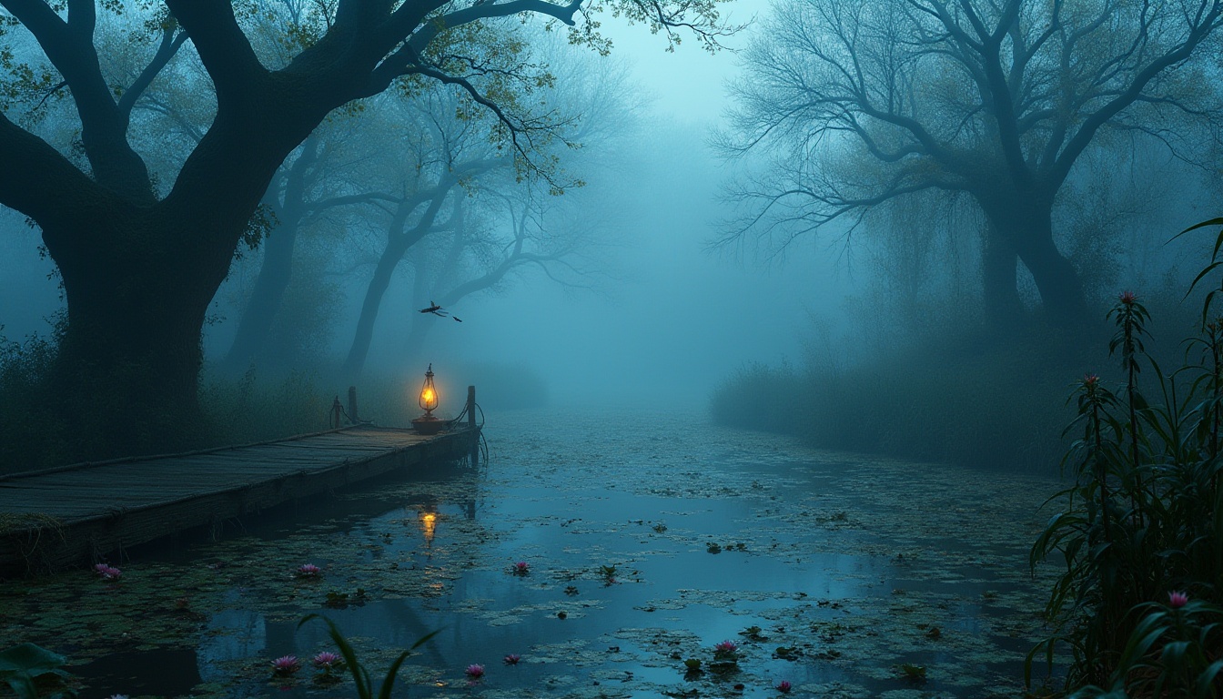 Prompt: Wetland scene, indigo color tone, bold choice, mysterious atmosphere, misty fog, twisted cypress trees, tangled roots, murky waters, lily pads, blooming water lilies, dragonflies hovering above, rustic wooden dock, worn-out ropes, vintage lanterns, soft warm lighting, cinematic composition, panoramic view.