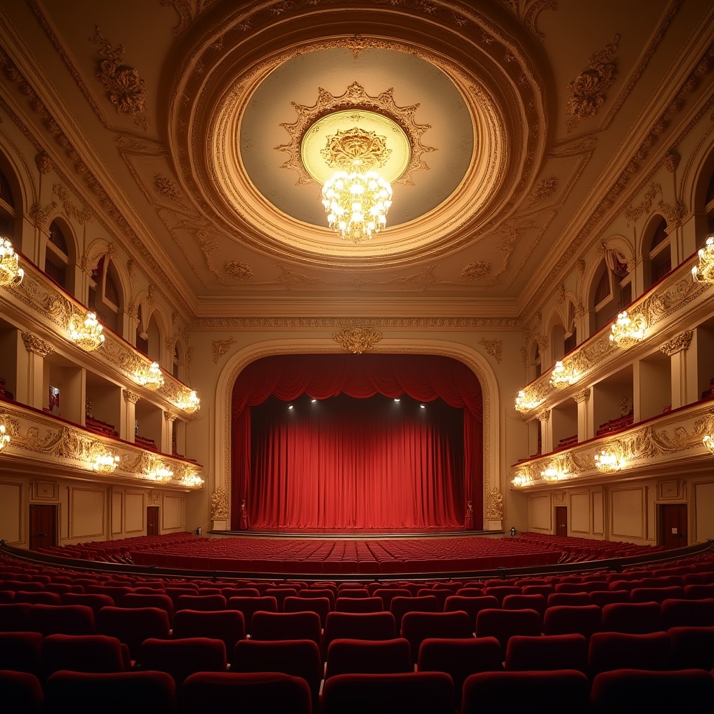 Prompt: Theater interior, grand stage, ornate plaster ceiling, intricate moldings, golden chandeliers, red velvet curtains, luxurious auditorium seats, dramatic spotlights, richly textured walls, Baroque-style architectural details, warm beige color tone, soft box lighting, 3/4 composition, low-angle shot, cinematic ambiance, detailed props, realistic reflections.