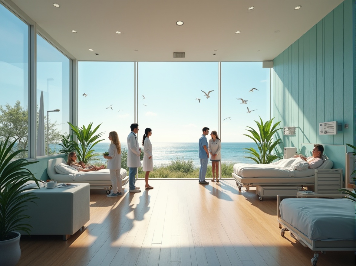 Prompt: Coastal design, healthcare center, modern architecture, large windows, ocean view, natural light, calming atmosphere, soft blue walls, wooden flooring, comfortable furniture, lush green plants, soothing sound of waves, gentle sea breeze, warm sunlight, relaxing ambiance, patients' recovery room, medical equipment, doctor in white coat, nurse with stethoscope, happy patients, families visiting, outdoor garden, beach scenery, seagulls flying overhead, clear blue sky, 3/4 composition, panoramic view, soft focus, cinematic lighting.