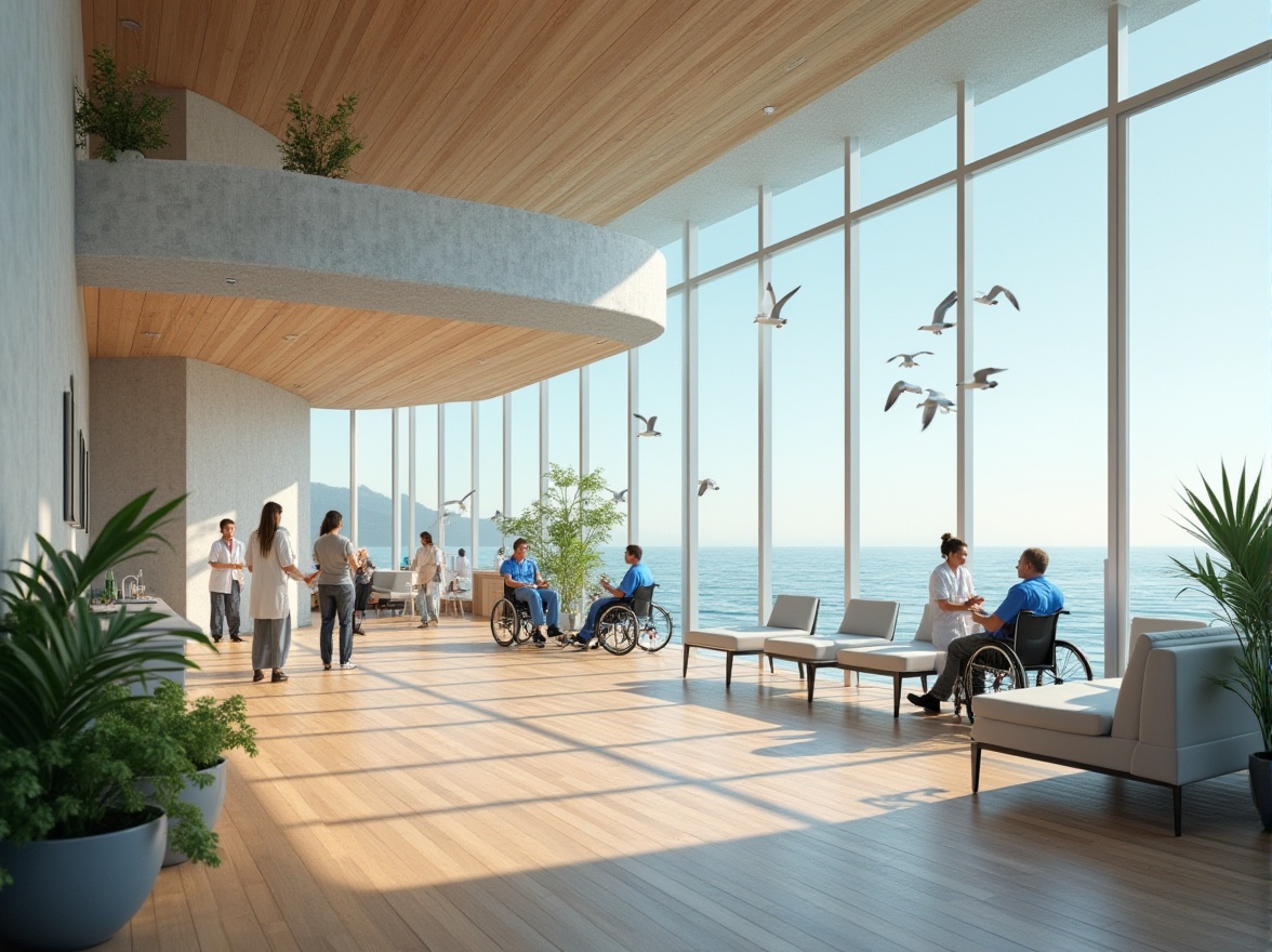 Prompt: Coastal healthcare center, modern architecture, large windows, ocean view, Chukum material walls, wooden floors, soft lighting, comfortable atmosphere, doctors, nurses, patients, wheelchairs, medical equipment, plants, minimalist decor, calming colors, seaside background, sunny day, clear sky, seagulls flying overhead, gentle ocean breeze.