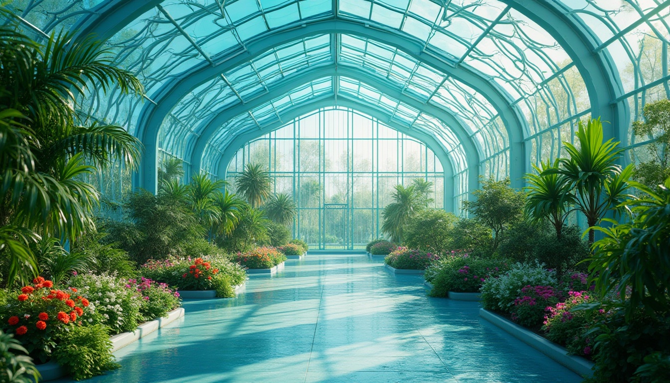 Prompt: Cerulean blue greenhouse, futuristic architecture, transparent glass walls, lush greenery, tropical plants, exotic flowers, modern minimalist interior, sleek metal frames, automatic irrigation system, natural light pouring in, soft focus, warm ambient lighting, afternoon sunlight, 3/4 composition, symmetrical balance, vibrant colors, serene atmosphere, peaceful escape.