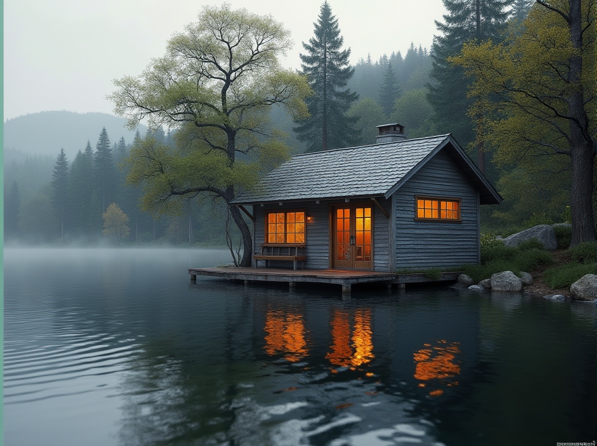 Prompt: Boathouse, gray exterior, wooden structure, rustic design, waterfront, lake view, surrounded by trees, calm atmosphere, warm lighting, soft focus, 3/4 composition, horizontal format, peaceful ambiance, natural scenery, serene backdrop, gentle ripples on the water surface.