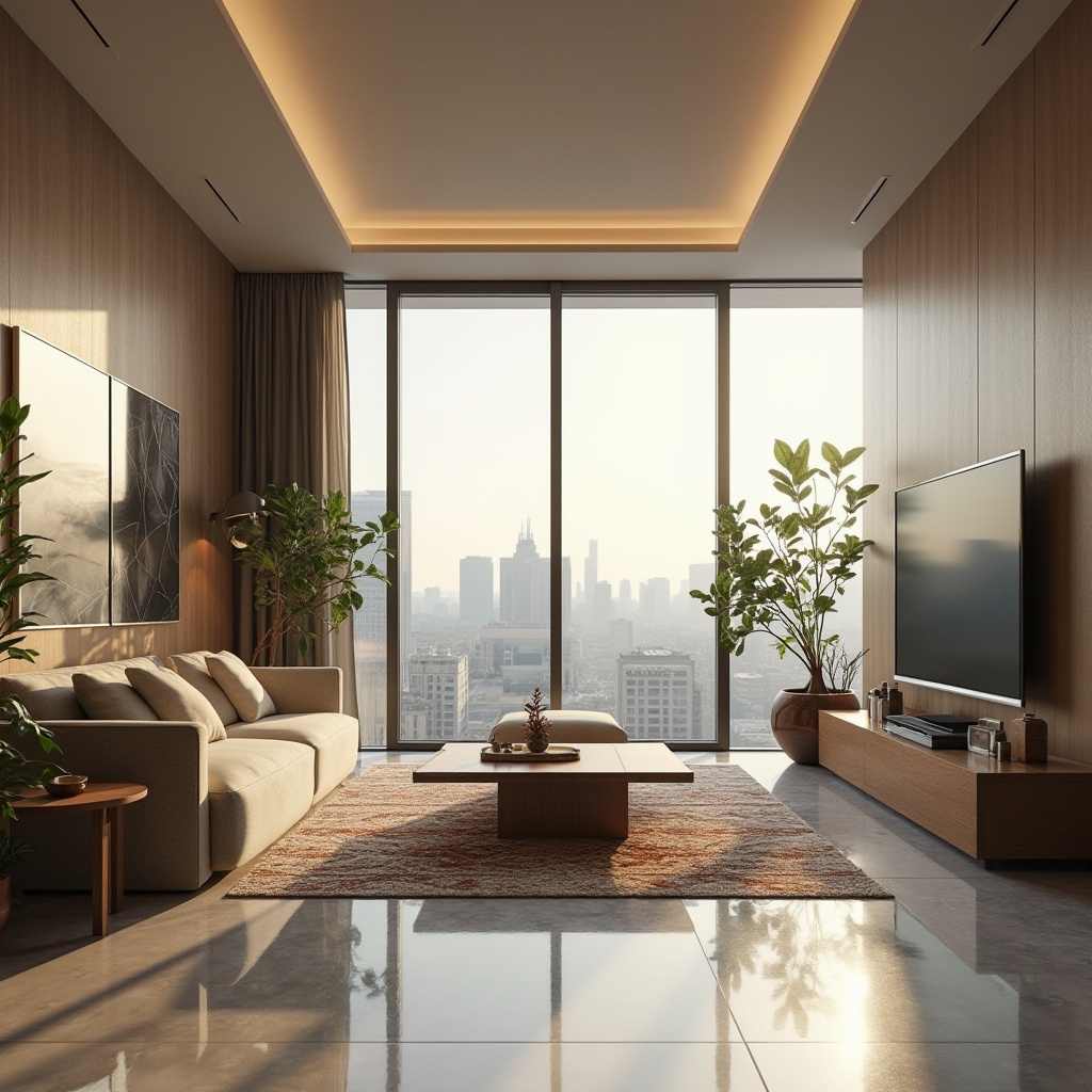 Prompt: modern minimalist interior design, luxurious living room, comfortable couch, wooden coffee table, marble floor, large windows, natural light, urban skyscraper view, 3/4 composition, softbox lighting, warm color tone, cozy atmosphere, decorative plants, geometric patterned rug, sleek TV stand, ambient music, morning sunlight.