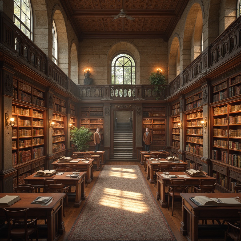 Prompt: "Masonry materials, library interior, bookshelves, reading tables, warm lighting, natural stone walls, wooden accents, arches, columns, high ceilings, grand staircase, ornate details, ancient tomes, scrolls, busts of famous authors, comfortable seating areas, plants, soft carpet, subtle texture, elegant atmosphere, peaceful ambiance, morning light, soft shadows, 3/4 composition, cinematic lighting."