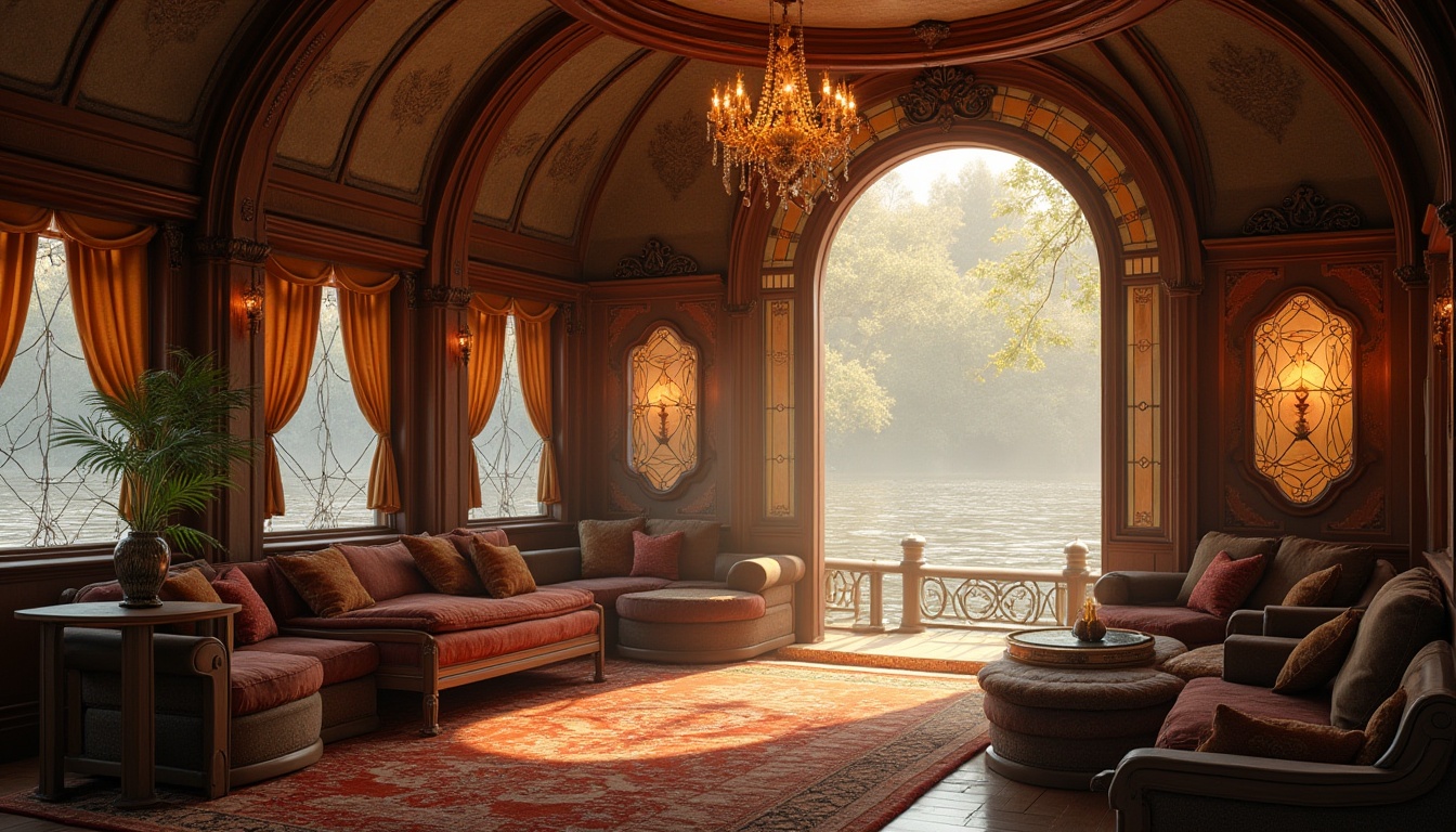 Prompt: Art Nouveau boathouse, luxurious interior, curved lines, ornate decorations, wooden accents, elegant chandeliers, stained glass windows, flowing drapery, plush furniture, velvet cushions, intricate patterns, natural light pouring in, rippling water reflections, dockside setting, serene atmosphere, misty morning, warm golden lighting, 3/4 composition, cinematic ambiance.