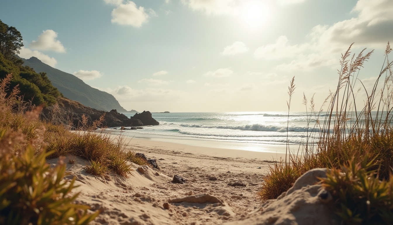 Prompt: Coastal scenery, sustainable design, mud material, natural texture, earthy tone, organic shape, wavy coastline, driftwood, beach plants, sea salt air, warm sunlight, gentle breeze, panoramic view, 3/4 composition, soft focus, ambient lighting.