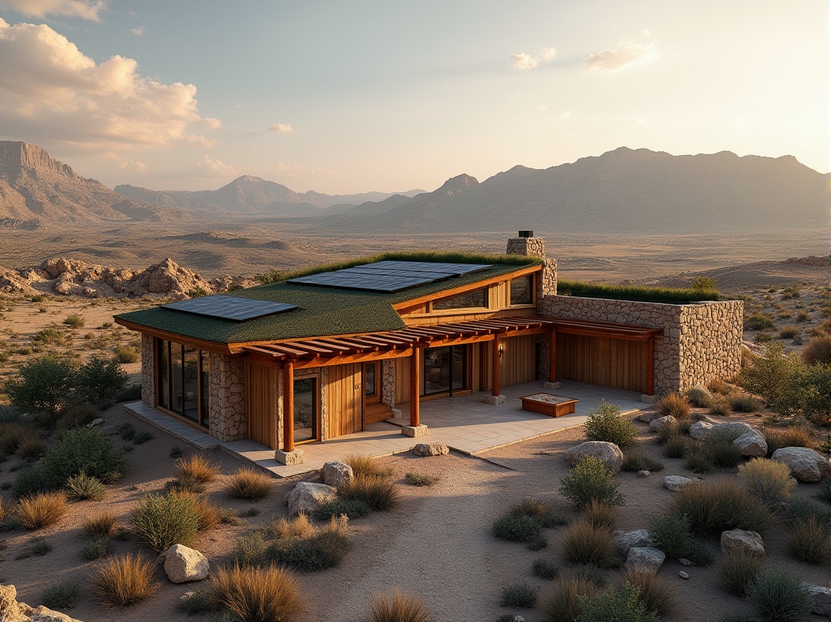 Prompt: Canyon architecture, adapting to climate, desert landscape, rustic stone walls, wooden beams, green roof, solar panels, large windows, shading devices, natural ventilation, earthy color palette, blending with surroundings, eco-friendly materials, water harvesting system, xeriscaping, drought-resistant plants, scenic overlooks, panoramic views, vast sky, dramatic lighting, warm ambient atmosphere, cinematic composition.