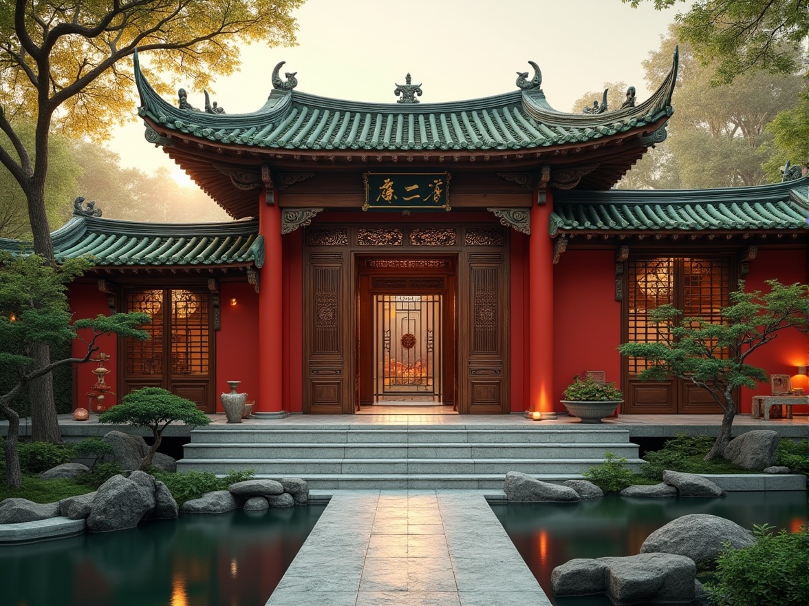 Prompt: Villa, traditional Chinese architecture, modern twist, curved eaves, intricate carvings, grand entrance, wooden doors, ornate metalwork, vibrant red walls, white ceramic tiles, green glazed roofs, lush garden, koi pond, bonsai trees, lanterns, soft warm lighting, afternoon sun, 3/4 composition, cinematic depth of field, rich textures, ornate details, peaceful atmosphere.