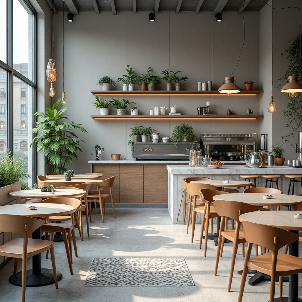 Prompt: Urban coffee shop, light gray walls, industrial-style metal tables, minimalist wooden chairs, concrete floors, modern pendant lamps, greenery plants on shelves, geometric-patterned rugs, large glass windows, city view, morning sunlight, soft focus, warm atmosphere, cozy ambiance, marble countertops, espresso machines, wooden accents, neutral tone color palette, Scandinavian-inspired decor, 3/4 composition, natural lighting.