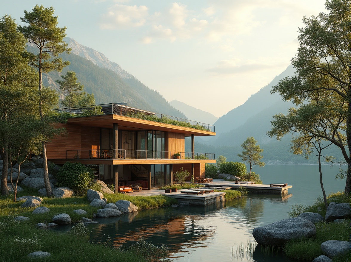 Prompt: Lakefront modern villa, sustainable practices, eco-friendly materials, wooden accents, large windows, natural light, minimal carbon footprint, green roof, solar panels, rainwater harvesting system, recycled glass, low-maintenance garden, native plants, zero-waste policy, minimalist interior design, neutral color palette, organic textures, morning sunlight, calm atmosphere, serene lake view, surrounding trees, misty mountains in the distance, soft natural lighting, cinematic composition, 3/4 view.