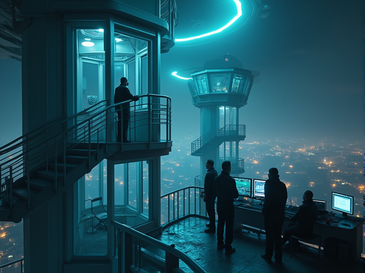 Prompt: Watching towers, futuristic architecture, sleek lines, metallic materials, glass windows, spiral staircase, high-tech gadgets, control room, monitoring screens, radar systems, satellite dishes, operator characters, wearing earpieces, black uniforms, utility belts, serious expressions, night scene, cityscape background, neon lights, misty atmosphere, cinematic lighting, low-angle shot, symmetrical composition.