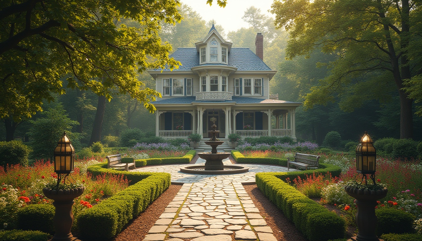 Prompt: Classic home, Victorian architecture, beautiful garden, lush greenery, vibrant flowers, trimmed hedges, symmetrical layout, ornate fountain, natural stone path, wooden benches, lanterns, warm afternoon sunlight, soft shadows, 3/4 composition, gentle mist, serene atmosphere.