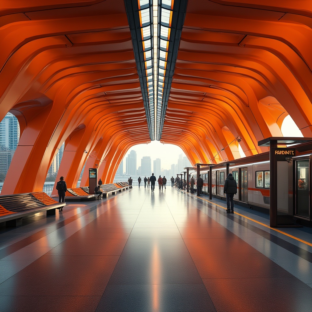 Prompt: Vibrant orange, futuristic train station, sleek lines, metallic materials, neon lights, bold architectural design, grand entrance hall, high ceiling, massive pillars, modern benches, electronic information boards, busy atmosphere, rush hour, morning sunlight, urban landscape, cityscape background, shallow depth of field, vivid colors, HDR effect.