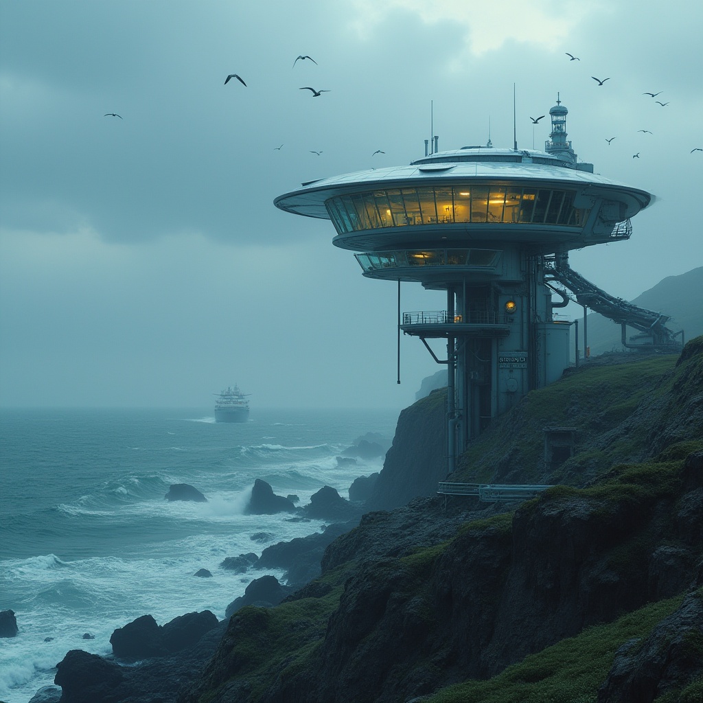 Prompt: Futuristic coastal watching towers, modern architecture, sleek lines, metallic materials, glass windows, LED lights, radar systems, advanced surveillance technology, ocean views, cliffside setting, dramatic skies, stormy weather, strong winds, seagulls flying overhead, distant ships sailing by, intricate pipeline system, industrial details, 3/4 composition, low-angle shot, cinematic lighting, high-contrast tone, misty atmosphere, realistic textures.