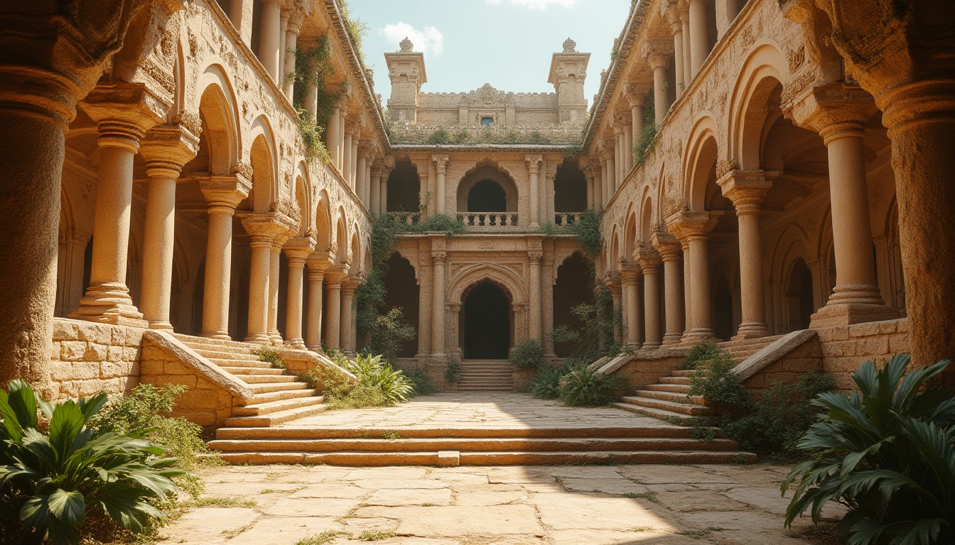 Prompt: Sandstone architecture, ancient building, warm beige tone, rugged texture, intricate carvings, ornate details, grandiose structure, column, arches, majestic entrance, stairs, courtyard, lush greenery, vines crawling up walls, sunny afternoon, soft natural light, 3/4 composition, warm ambient lighting, depth of field, realistic, cinematic.