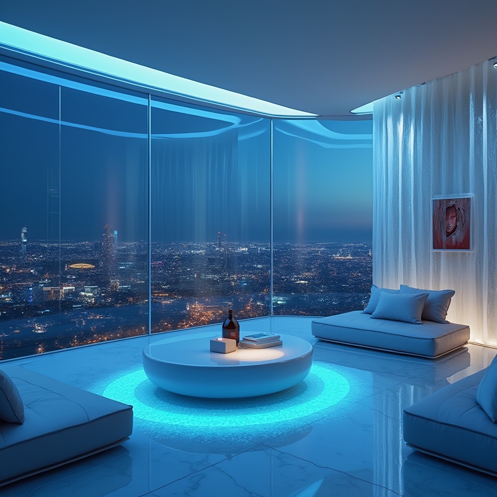 Prompt: Modern interior design, futuristic theme, polycarbonate material, transparent walls, curved lines, minimalist decor, sleek coffee table, LED lighting, high-gloss floor, abstract art pieces, cityscape view, night scene, blue ambient light, 3/4 composition, shallow depth of field, product photography style.