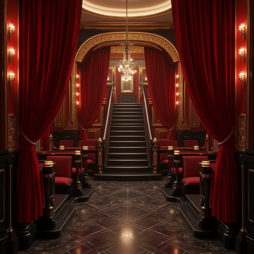 Prompt: Streamline moderne cinema, luxurious interior, velvet red curtains, golden ornate details, sleek black marble floor, silver chrome handrails, minimalist chandelier, elegant staircases, grand piano, comfortable plush seats, subtle ambient lighting, soft warm color tone, cinematic composition, low-angle shot, dramatic shadows, high-contrast ratio, film noir-inspired atmosphere.