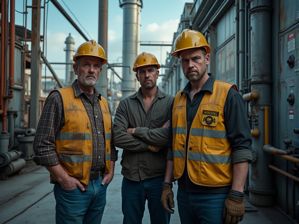 Prompt: Industrial facility, daytime, clear sky, steel structure, metallic luster, pipes and valves, concrete floor, heavy machinery, factory equipment, control panels, warning signs, hard hats, reflective vests, serious facial expressions, mature men, rugged hands, oil stains, worn gloves, industrial lighting, dramatic shadows, low-angle shot, urban landscape, cityscape background.