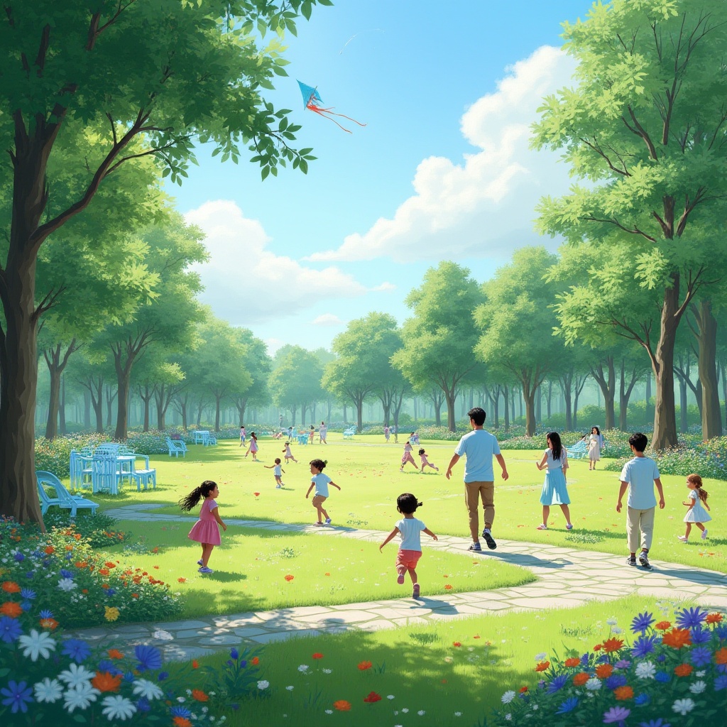 Prompt: Light blue themed park, sunny afternoon, clear sky with a few white clouds, lush green grass, vibrant flowers, light blue benches, gentle slopes, winding stone paths, children playing, laughing, running freely, mothers watching, smiling, wearing casual summer dresses, fathers playing catch, throwing frisbees, light blue kites flying high, nearby trees providing shade, dappled sunlight filtering through leaves, soft focus background, warm and inviting atmosphere, natural textures, gentle rustling of leaves, 3/4 composition, soft lighting, peaceful ambiance.