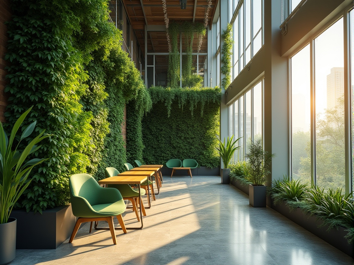 Prompt: Modern architectural building, green exterior walls, vertical garden, lush foliage, natural light, calming atmosphere, minimalist interior design, green accent chairs, wooden tables, potted plants, large windows, cityscape view, sunny day, warm soft lighting, shallow depth of field, 3/4 composition, HDR, panoramic view.