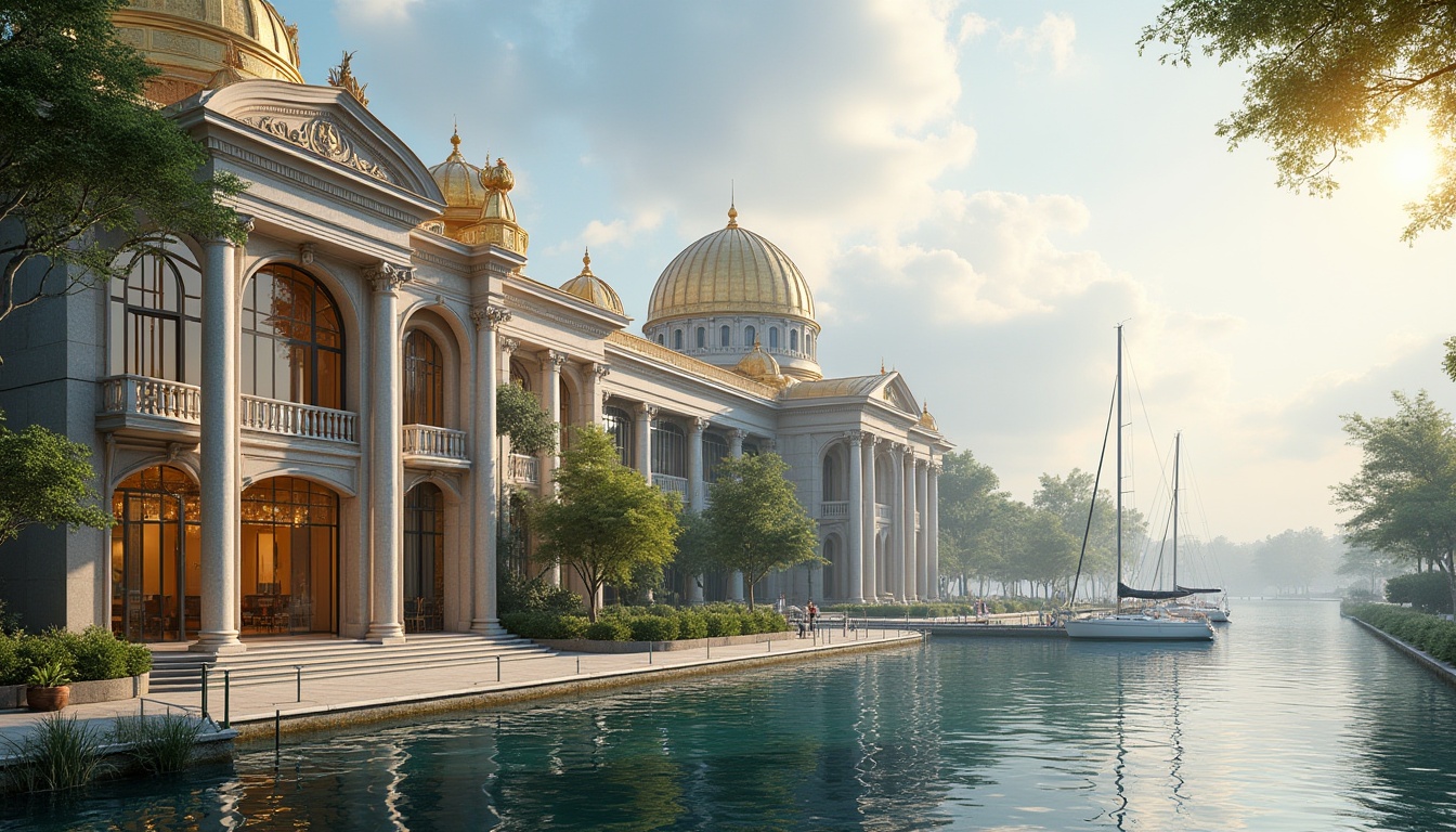 Prompt: Lakefront office buildings, Byzantine influence, grandiose entrance, ornate columns, golden domes, intricate stone carvings, luxurious glass facade, modern minimalist interior, spacious open-plan offices, floor-to-ceiling windows, waterfront views, serene lake scenery, surrounding lush greenery, walking paths, benches, sailboats docked at the pier, misty morning atmosphere, warm afternoon sunlight, soft natural lighting, 3/4 composition, panoramic view.