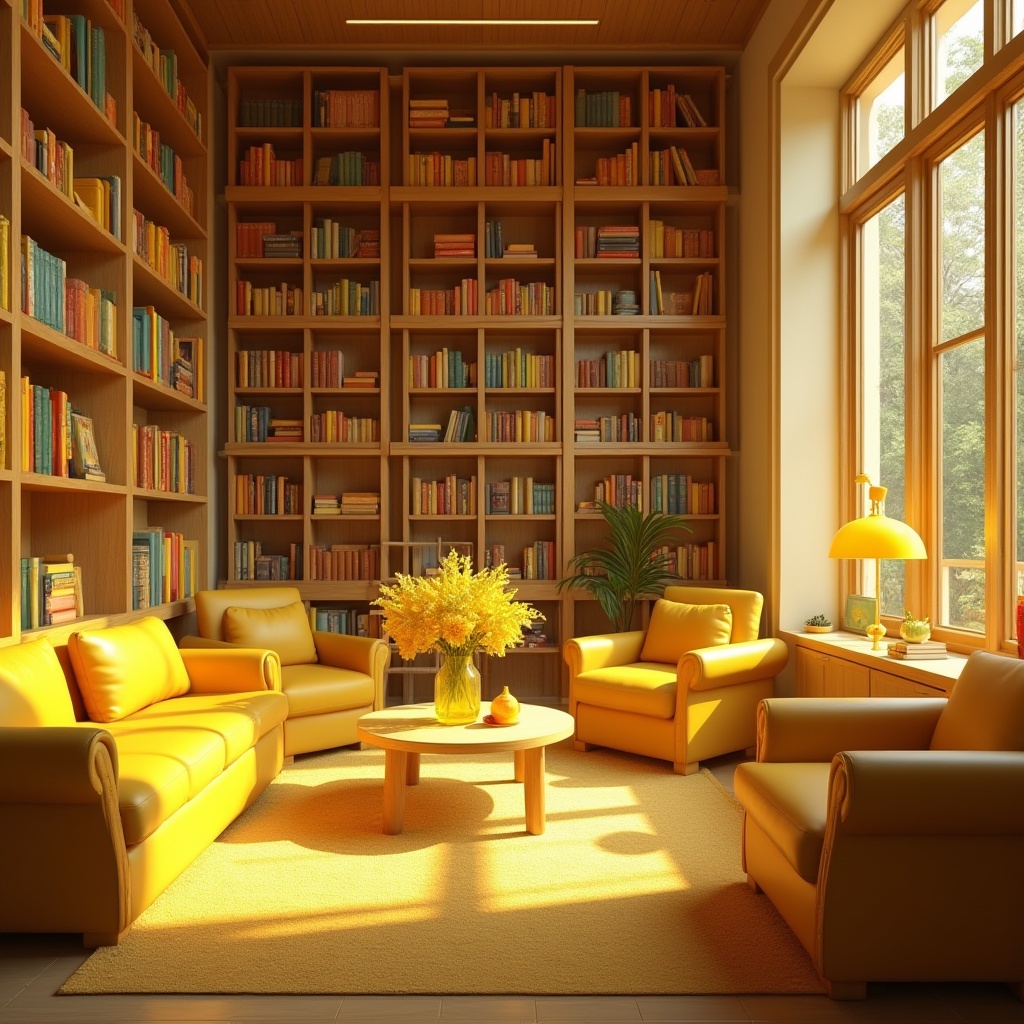 Prompt: Yellow themed library, warm and cozy atmosphere, sunny afternoon, natural light pouring through large windows, bookshelves made of oak wood, yellow leather sofas, round coffee tables with yellow glass lamps, vibrant yellow flowers in vases, soft yellow carpet, ladder leaning against shelves, reading nook with yellow pillows, calm and peaceful ambiance, warm lighting, 3/4 composition, shallow depth of field.