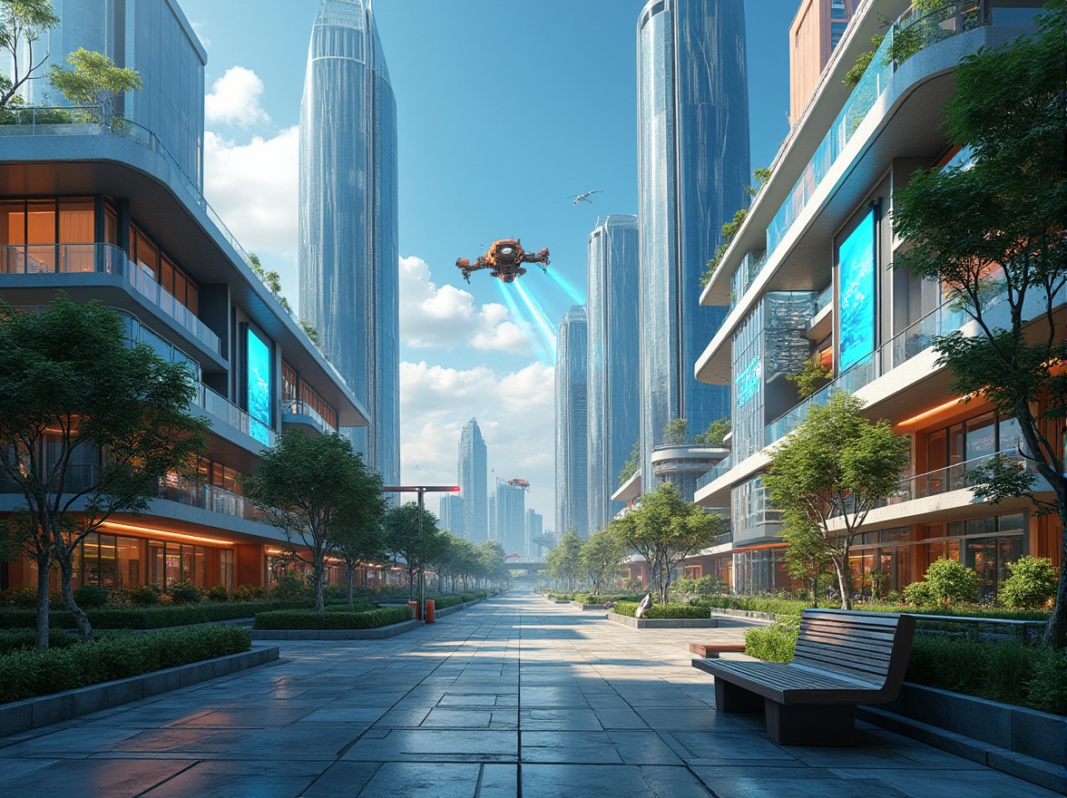 Prompt: Suburban futuristic community, sleek skyscrapers, neon lights, holographic advertisements, flying cars hovering above, robots maintaining gardens, self-sustaining ecosystem, eco-friendly materials, solar panels, wind turbines, modernist architecture, curved lines, metallic surfaces, vibrant colors, lush greenery, levitating benches, virtual reality interfaces, augmented reality art installations, 3/4 composition, low-angle shot, cinematic lighting, depth of field.