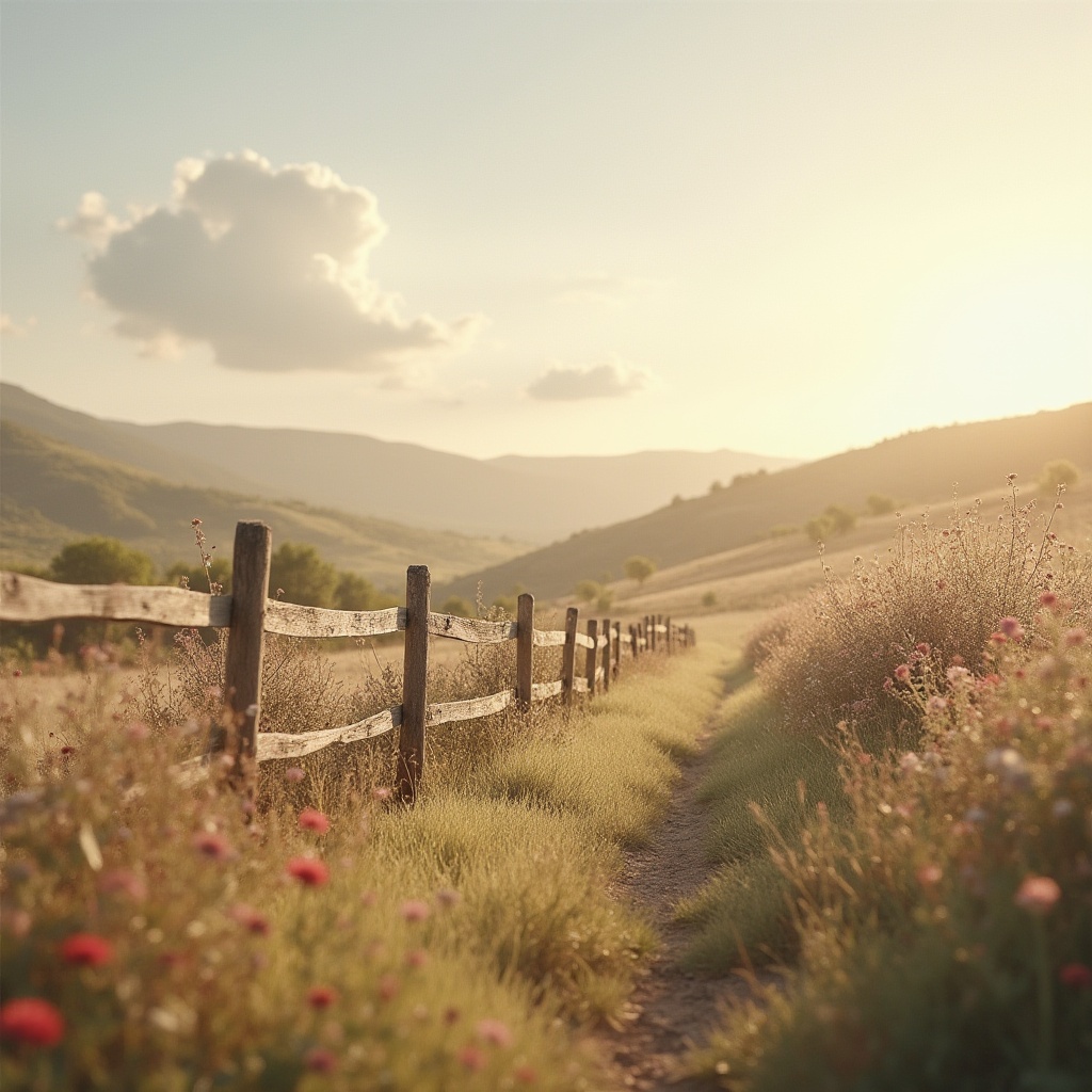 Prompt: Rustic countryside scene, Gainsboro color palette, warm beige tone, subtle yet impactful, old wooden fence, wildflowers blooming in soft pastel hues, gentle hills rolling into the distance, few puffy white clouds drifting lazily across the sky, afternoon sun casting a warm golden light, soft focus on the surrounding foliage, 3/4 composition, serene and peaceful atmosphere, natural textures, earthy tones.