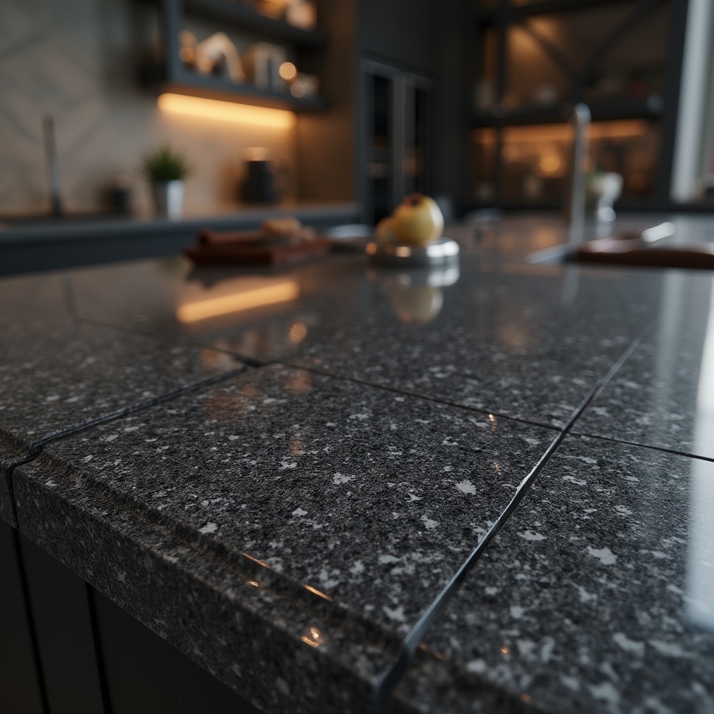 Prompt: Granite material, luxurious, high-end, polished, glossy, speckled pattern, dark grey, silver flecks, durable, scratch-resistant, heat-resistant, versatile, elegant, sophisticated, modern interior design, kitchen countertops, bathroom vanities, flooring, wall cladding, natural stone texture, reflective surface, ambient lighting, shallow depth of field, 3/4 composition, warm color tone.