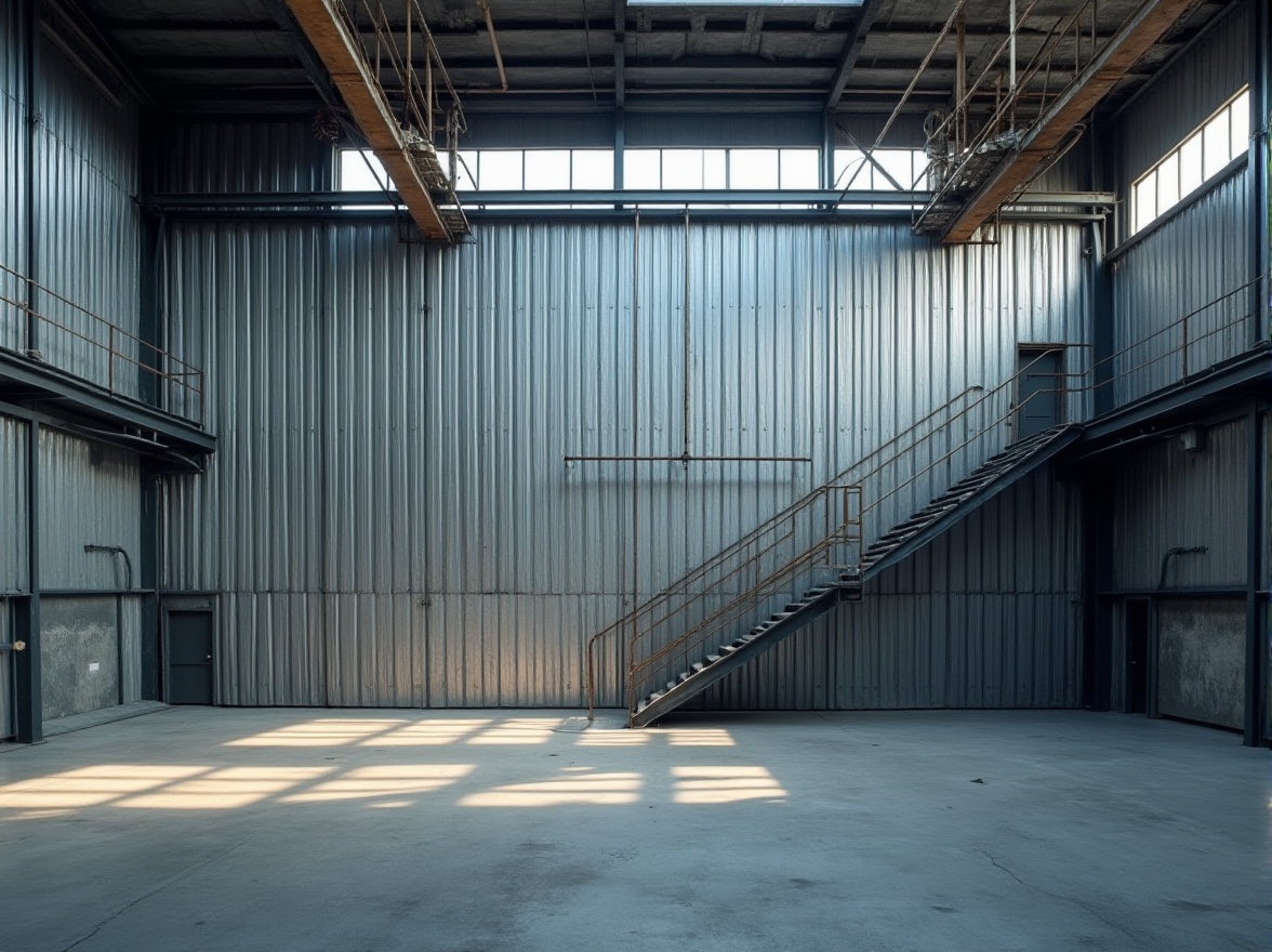 Prompt: Industrial modern building, corrugated iron wall, silver metallic color, weathered rusty texture, clean lines, minimalist design, urban cityscape, concrete floor, steel beams, exposed ductwork, industrial lighting, overhead crane, factory windows, metal staircase, brutalist architecture, dramatic shadows, high contrast, low-key lighting, cinematic composition.