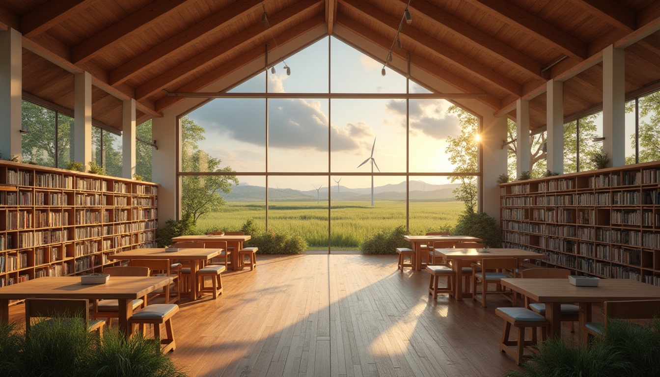 Prompt: Rural library, farmland community, modern architectural design, large glass windows, wooden interior, bookshelves made of natural wood, comfortable reading areas, warm lighting, earthy color scheme, surrounded by vast green fields, distant windmills, cloudy sky, peaceful atmosphere, 3/4 composition, shallow depth of field, soft focus on background, warm sunlight, cinematic feel.