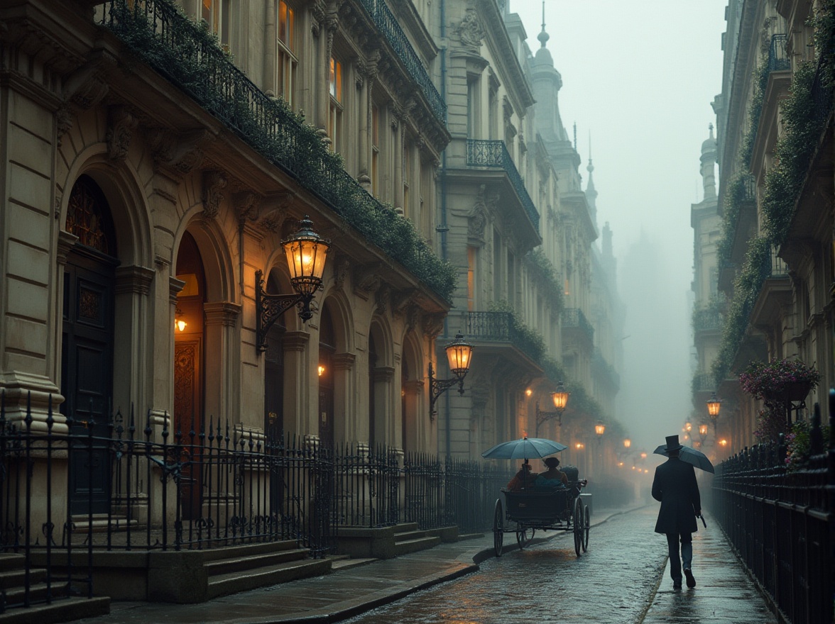 Prompt: Historic urban architecture, limestone building facade, ornate carvings, columns, arches, grand entrance, stairs, balconies, Gothic style, Victorian era, London cityscape, foggy atmosphere, rainy day, dark alleys, old-fashioned street lamps, horse-drawn carriage, vintage clothing, top hat, umbrella, classic composition, symmetrical framing, soft focus, warm tone, golden hour lighting.