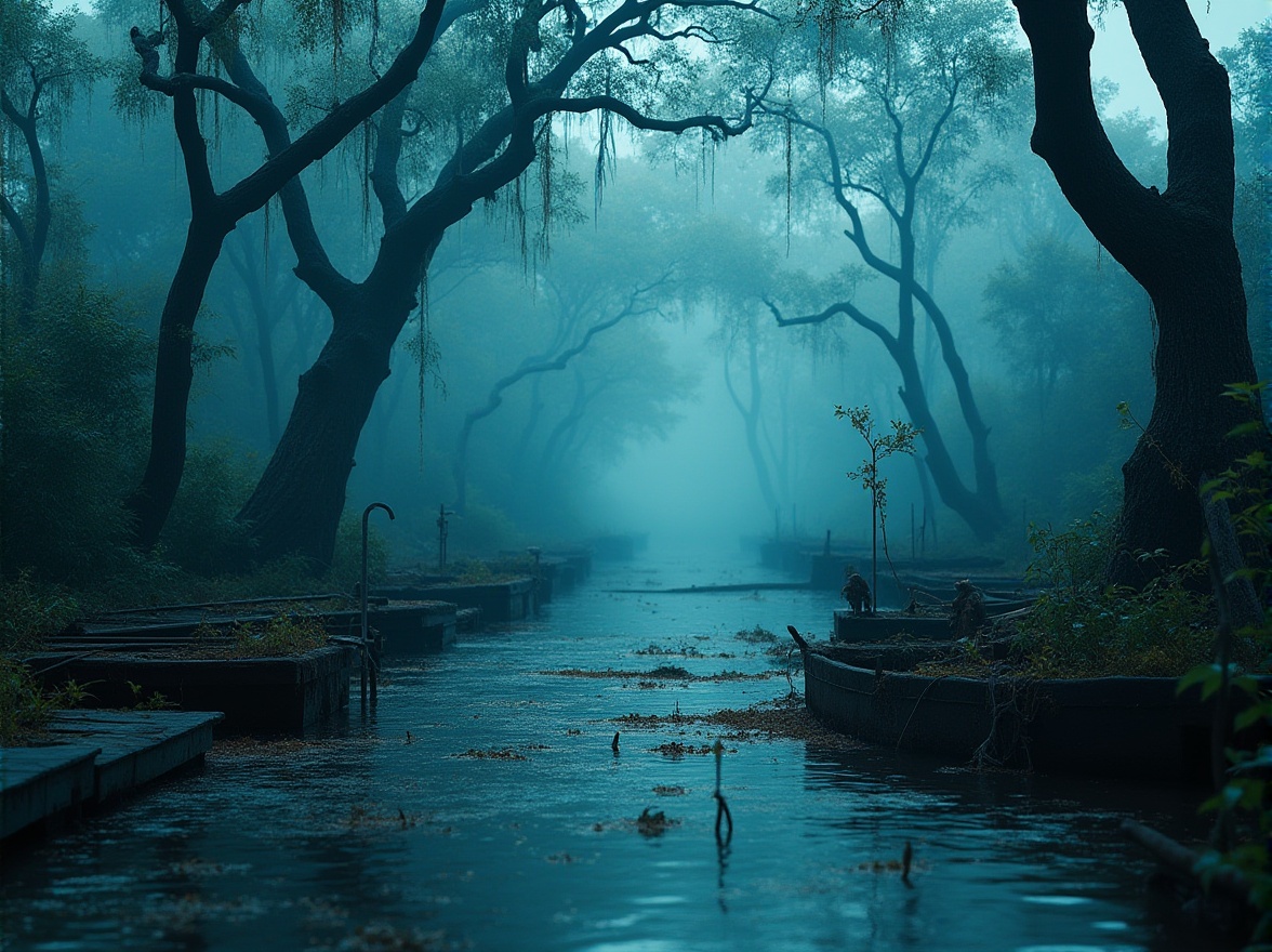 Prompt: Wetland scene, indigo color tone, bold and vibrant, murky waters, twisted cypress trees, tangled mangrove roots, misty fog rising from the ground, mysterious atmosphere, warm soft lighting, 3/4 composition, shallow depth of field, lush greenery, vines crawling up wooden docks, worn wooden planks, rusty old machinery, abandoned boats, eerie silence.