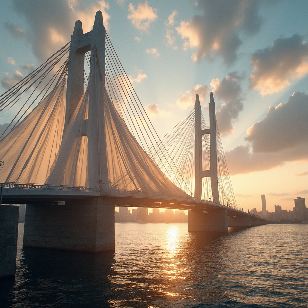 Prompt: Modern bridge, incorporating fabrics, innovative design, urban landscape, cityscape, steel cables, soft textile drapes, flowing silk, intricate patterns, warm ambient lighting, golden hour, sunset, gentle breeze, rippling water reflection, distant skyscrapers, vibrant city life, dynamic composition, cinematic atmosphere.