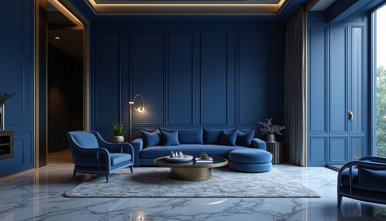 Prompt: luxurious, modern interior design, sapphire blue accent wall, marble floor, gold trim, sleek lines, minimalist furniture, pendant lamp, luxurious fabrics, velvety texture, atmospheric lighting, 3/4 composition, shallow depth of field, cinematic ambiance, high-end lifestyle, sophisticated mood.