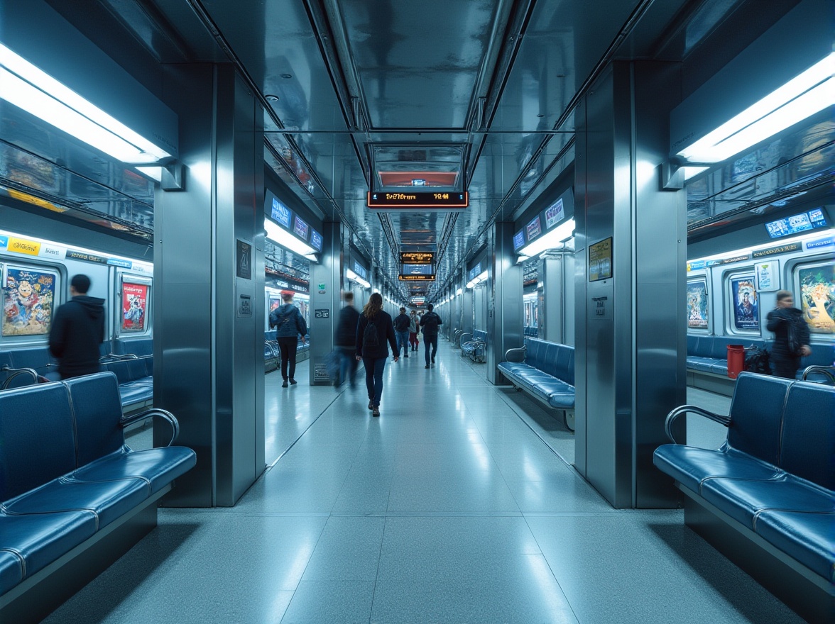 Prompt: Modern metro station interior, futuristic ambiance, sleek lines, polished metal pillars, glass ceiling, fluorescent lights, bustling crowd, rush hour atmosphere, various advertisements on LED screens, comfortable seating areas, durable stain-resistant fabrics, grey and blue tones, velvety smooth texture, matte finish, subtle patterns, acoustic panels, sound-absorbing materials, minimalistic design, urban feel.