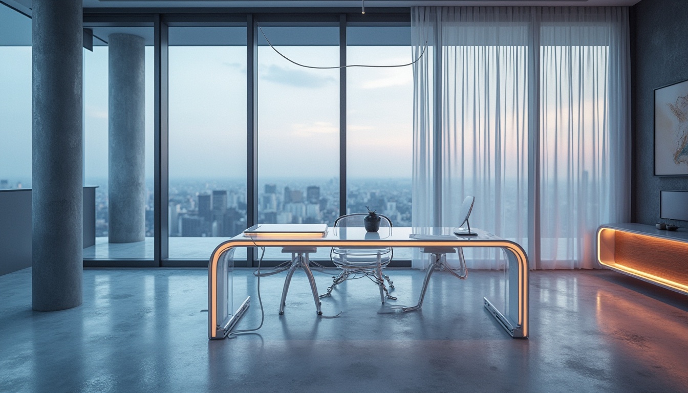 Prompt: Modern design, futuristic ambiance, sleek lines, minimalist space, plastic material, transparent chair, glossy table, LED lights, metallic accents, urban loft, cityscape view, floor-to-ceiling windows, concrete floor, abstract art piece, 3/4 composition, low-angle shot, softbox lighting.