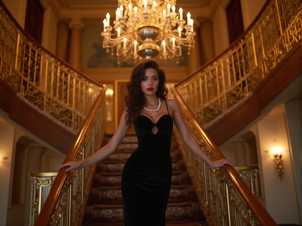 Prompt: Luxurious Art Deco hostel, golden geometric patterns, ornate metalwork, lavish furnishings, grand staircase, elegant chandelier, sophisticated lady, 25yo, curly brown hair, red lipstick, pearl necklace, black evening dress, high heels, posing on stairs, dramatic lighting, warm color tone, 3/4 composition, cinematic angle, soft focus, beautiful bokeh, ornate door frame, marble floor, lavish curtains.