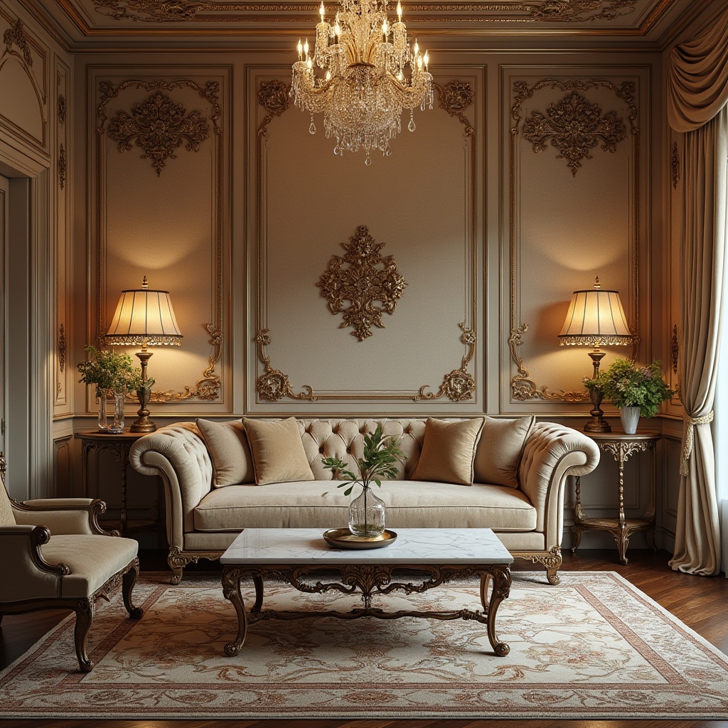 Prompt: Classic interior design, luxurious fabrics, intricate patterns, ornate decorations, velvet sofa, golden embroidery, marble coffee table, crystal chandelier, Renaissance-inspired wallpaper, floral motifs, subtle lighting, warm color palette, lavish drapery, tassel trim, soft cushions, antique furniture legs, carved wooden frames, richly textured rug, elegant atmosphere, sophisticated ambiance, high-end materials.