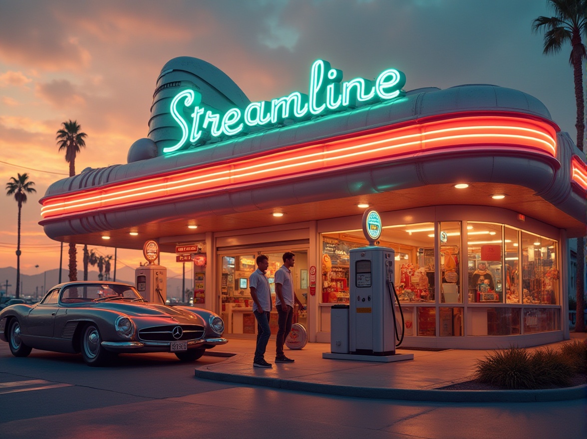 Prompt: Streamline Moderne style, retro-futuristic gas station, 1950s sci-fi influence, curved lines, metallic materials, neon lights, glowing signage, bold typography, futuristic pumps, sleek canopy, retro-style cars, vintage attire, attendants with goggles, tools in hand, sunset sky, palm trees, urban cityscape, warm ambient light, cinematic composition, high contrast, vibrant colors.