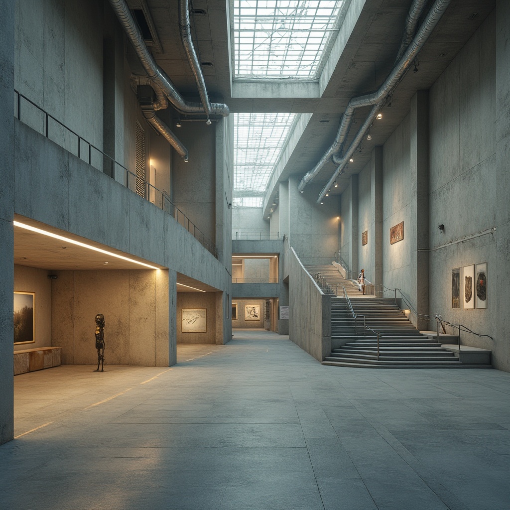 Prompt: Brutalist architecture, exhibition center, concrete structure, raw unfinished walls, exposed ductwork, industrial aesthetic, minimalist decor, bold geometric shapes, dramatic lighting, high ceilings, grand staircase, modern art installations, abstract sculptures, urban landscape, cityscape, metropolitan atmosphere, cloudy day, soft natural light, 3/4 composition, cinematic mood, realistic rendering.