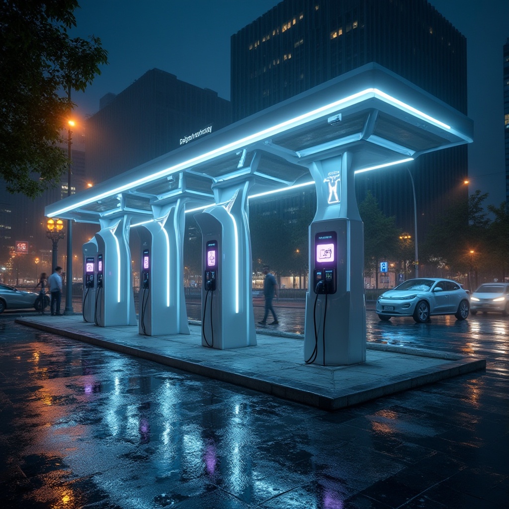 Prompt: Urban charging station, modern architecture, sleek design, LED lights, futuristic feel, cityscape background, skyscrapers, bustling streets, night scene, neon lights reflecting off wet pavement, rain-soaked urban atmosphere, 3/4 composition, low-angle shot, dramatic lighting, misty effect, electric cars parked, people walking by, blurred motion, shallow depth of field, cinematic mood.