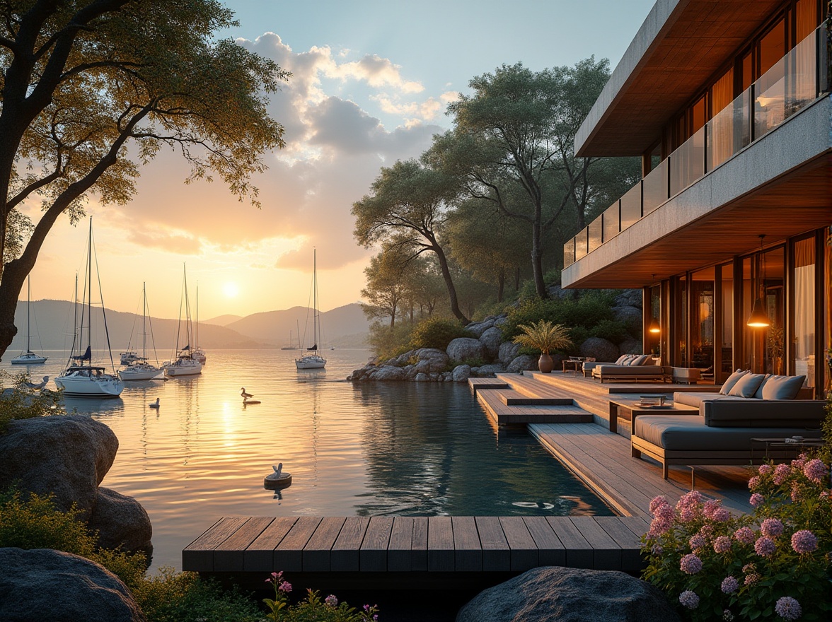 Prompt: Luxurious lakefront villa, modern architecture, large glass windows, sliding doors, wooden decking, outdoor furniture, lake view, sunset time, warm golden light, reflection of trees on calm water, sailboats and yachts docked, seagulls flying overhead, lush greenery, tall trees, blooming flowers, gentle breeze, peaceful atmosphere, soft natural lighting, 3/4 composition, panoramic view.