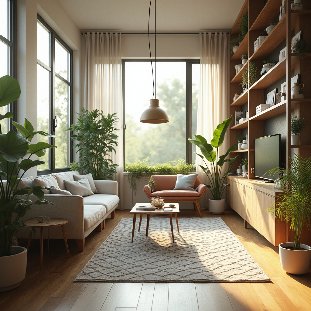 Prompt: Functional residential space, modern minimalist interior design, bright natural light, floor-to-ceiling windows, wooden flooring, comfortable couch, geometric patterned rug, greenery, potted plants, cozy reading nook, built-in shelves, minimalist coffee table, industrial style lamps, soft warm lighting, 3/4 composition, Scandinavian-inspired aesthetic, calm atmosphere, morning sunlight, soft focus background.