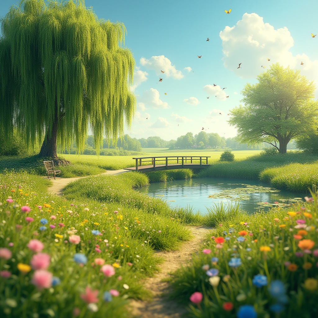 Prompt: Serene meadow, sunny afternoon, warm gentle light, lush green grass, vibrant wildflowers of various colors, bees flying around, butterflies fluttering, a few puffy white clouds in the blue sky, a winding dirt path leading to a tranquil pond, water lilies floating on the surface, a small wooden bridge over the pond, a bench under a willow tree, soft rustling sound of leaves, peaceful ambient atmosphere, shallow depth of field, warm color tone, cinematic composition.