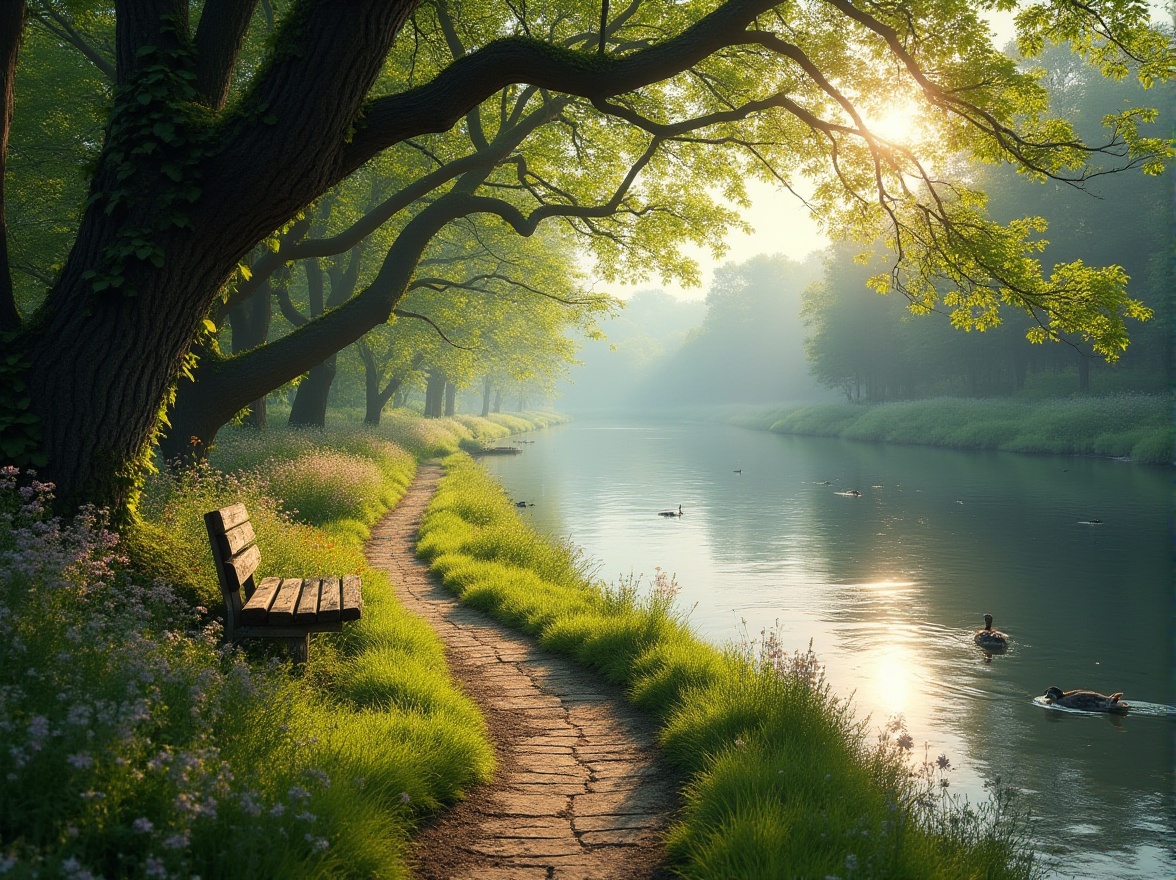 Prompt: Riverbank scenery, serene atmosphere, lush greenery, trees with gnarled branches, vines crawling up trunks, wildflowers blooming in vibrant colors, soft grass, gentle slope, calm river water reflecting the sky, a few ducks swimming lazily, an old wooden bench facing the river, natural stone path meandering alongside the riverbank, warm sunlight filtering through the leaves, soft focus, shallow depth of field, peaceful ambiance, cinematic composition.